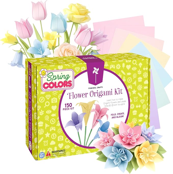 Pinwheel Crafts Flower Origami Kit for Kids Ages 8-12, 150 Pcs Spring Color | 100 spring color folding sheets, 20 chenille stems, 30 buttons and gems, booklet, makes 3D paper flowers, gift for girls