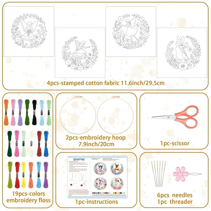 BEUNITONE 4 Set Fairy Patterns Embroidery Kit for Beginners 7.9"x7.9" DIY Complete Needlepoint Kits for Adults, Cross Stitch Starter Kit with Hoops and Instructions, Handmade Gifts for Home Decor