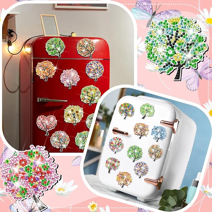 Remuuly 30 Pcs Tree of Life Diamond Painting Magnets Diamond Art Magnets | Diamond Art Kit for Adults, Refrigerator Magnet, 5D Rhinestone Fridge Magnetic Sticker, Diamond Club Gift, Beginner DIY Craft