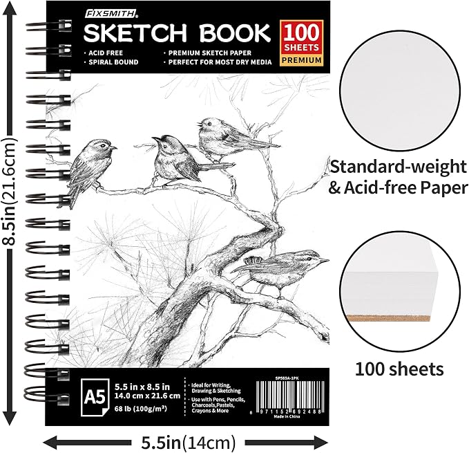 FIXSMITH 5.5"X8.5" Sketch Book,100 Sheets (68 lb/100gsm) Sketchbook | Acid Free Drawing Paper | Spiral Bound Artist Sketch Pad | for Kids, Beginners, Artists & Professionals | Bright White