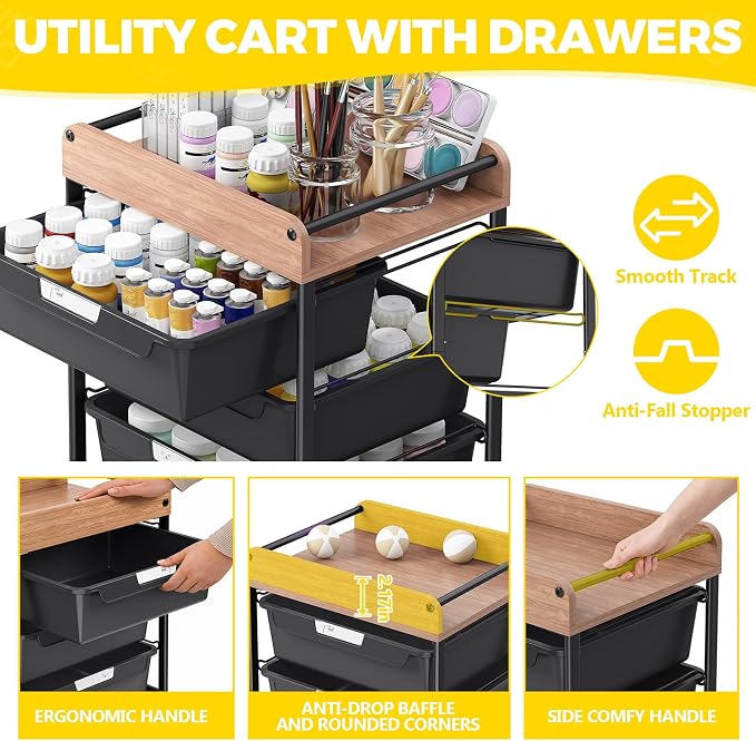 SYKIARIOL Utility Cart with 5 Labeling Drawers and Wooden Tabletop,Black | Rolling Storage Cart for Crafters, Artists, Kids, Teachers, and Students – Organize Arts, Crafts, Sewing & Study Supplies
