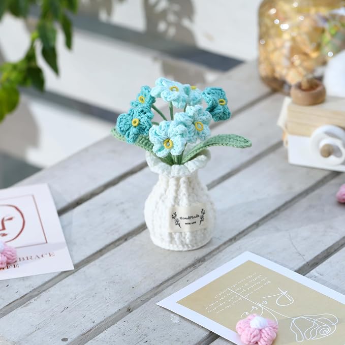 Crochet Flower Pot Forget-me-not Valentines Day Gift for Women Him Her Boyfriend Girlfriend Lover Husband Couples Wife Coworker Birthday Wedding Knitted Blue Plant Cute Office Desk Decor
