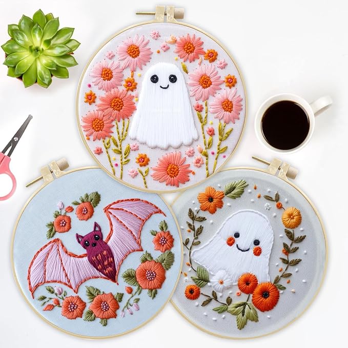LB Pink Halloween Embroidery Kit for Beginners Adults, 3 Sets Hand Embroidery Starter Kit with Ghost Pattern and Instructions Stamped Cross Stitch Kits Include Embroidery Hoop Needles Threads Scissors