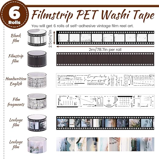 LELE LIFE 6 Rolls Filmstrip PET Washi Tape, Self-Adhesive Retro Movie Film Reel Art Decorative Tape Stickers for Journaling, Scrapbooking, Crafts, Diaries, Junk Journal Supplies