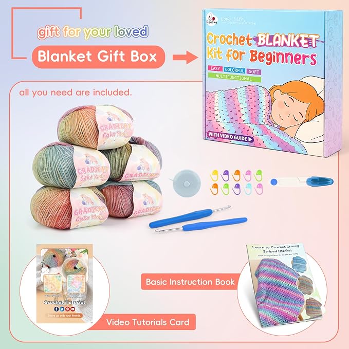 Aeelike Crochet Blanket Kit for Beginner, Easy Blanket Crochet Kit, Rainbow