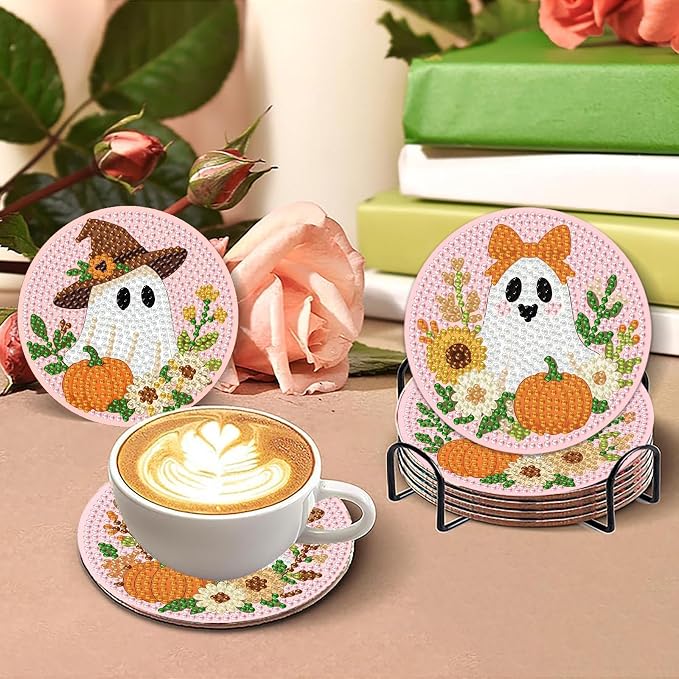 8 Pcs Halloween Diamond Art Coasters Kits with Holder 4X4 Inch