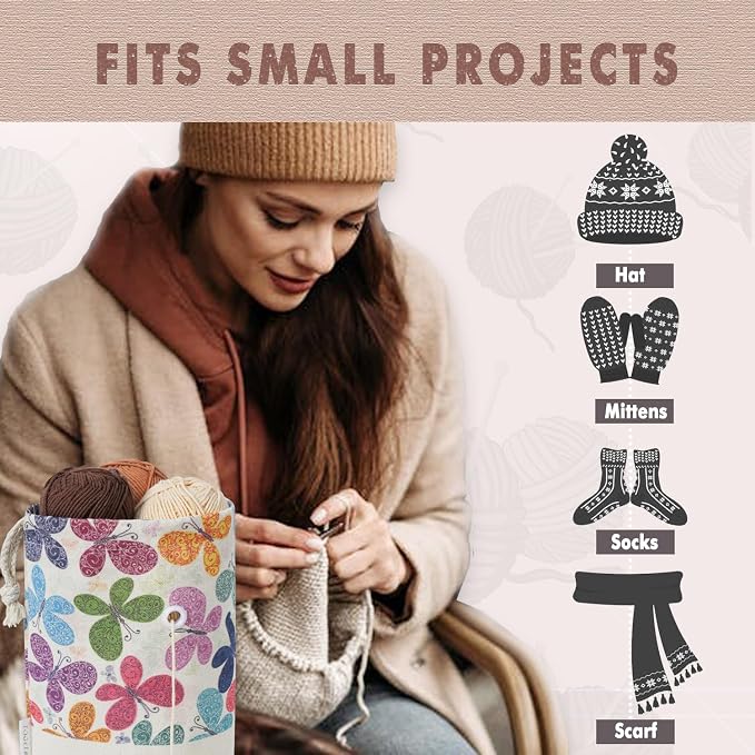 TOGETRUE Yarn Bag, Small Knitting Crochet Bag, Portable Yarn Storage Bags Organizer for Crocheting Project, Store Skein Ball, Short Knitting Needle (Butterfly)