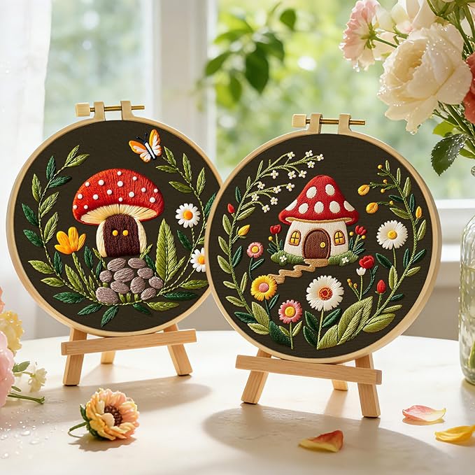 ERKOON Embroidery Kit for Beginners, 2 Set Flower Cross Stitch Set Include Embroidery Cloth Hoops Threads for Craft Lover Hand Stitch with Embroidery Skill Techniques (Mushroom)