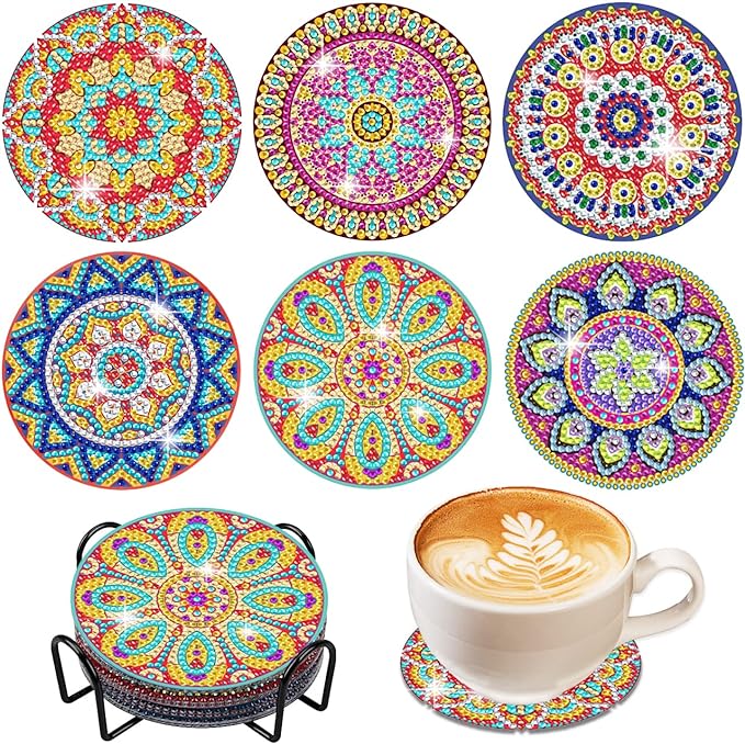 Vcekract 6 Pcs Mandala Diamond Art Coasters Kit for Adults | Diamond Painting Coasters with Holder & Protective Backing, Diamond Art Adult Crafts for Table Home Decoration