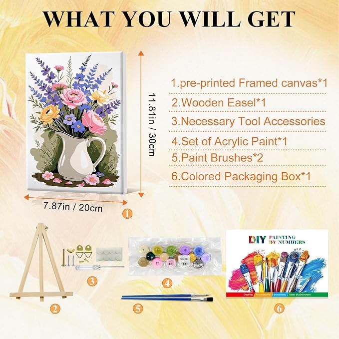 SparkGlow Framed Paint by Numbers Kit for Adults Flowers, 8×12 Inch | Premium Canvas, for Beginners, Number Painting for Gift, Home Decor, Include Easel, Fun and Relaxing