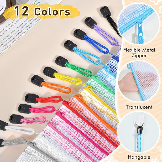 PAPEJOON 42pcs Mesh Zipper Pouch Bags, 8 Sizes Plastic zippered Storage Bags for Organizing, Clear Pouches with Zipper, Waterproof Mesh Pouch for Office Supplies, Home Organize, Travel Storage