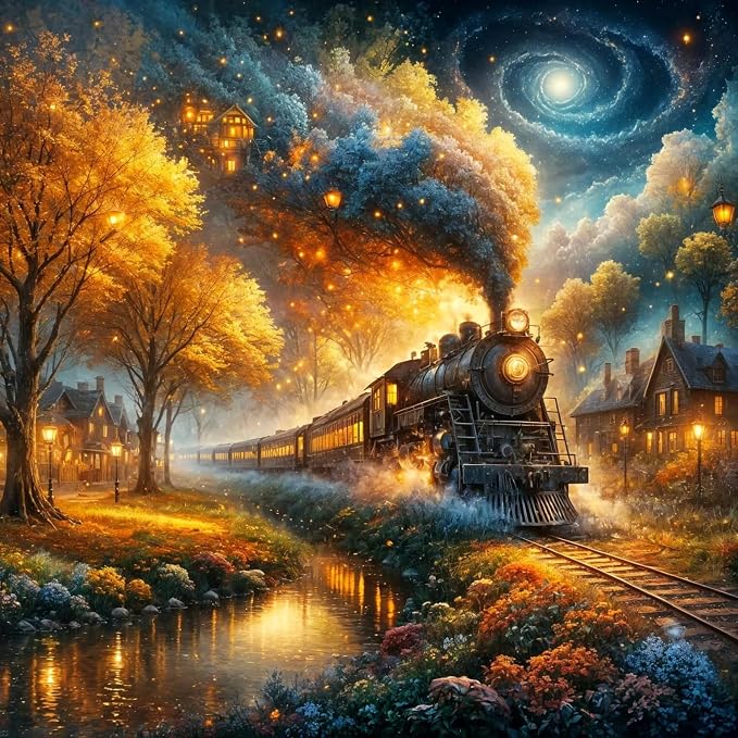 PINFFSHU 5D Diamond Painting Kits for Adults - Full Drill Fantasy Steam Train Autumn Forest, Starry Galaxy Night Sky Cozy Village, DIY Diamond Art Kit for Home Wall Decor Gift (13.78x13.78 inch)