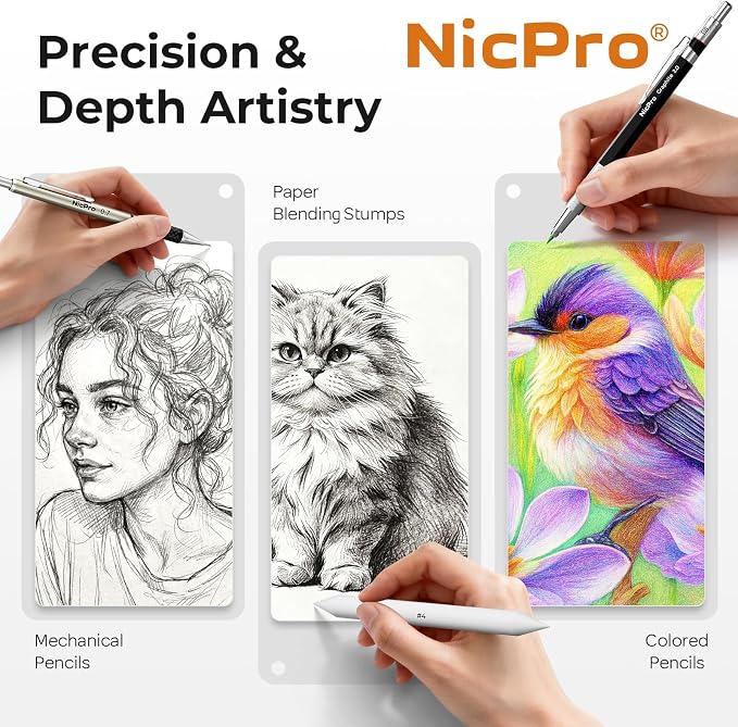 Nicpro 52PCS Art Drawing Supplies Kit for Artist Adults Sketching | Metal Mechanical Pencil Set 0.5, 0.7, 0.9 & 2mm, 9x12 Sketch Book, 12 Fineliner Pens, 288 Leads, School Supplies Drawing Kit