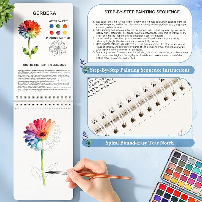 Taotree 100 Colors Watercolor Paint Set with 16 Different Flowers Designs | Watercolor Workbook, Water Coloring Book with Palette and Art Brush, Paint Set Art Supplies for Adults Beginners (Flowers)
