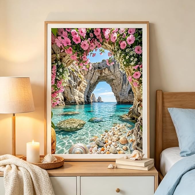 Ocean Flower Diamond Painting Kits for Adults, Landscape Diamond Art Kits | DIY Full Round Drill Gem Painting Coastal Beach Paint by Diamonds Relaxing Craft for Home Wall Decor 12x16In