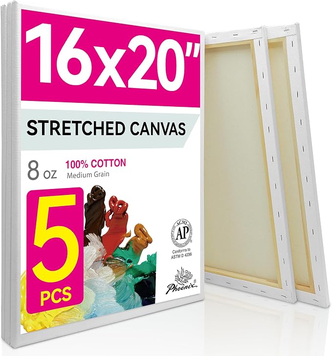 PHOENIX Stretched Canvas for Painting 16x20 Inch/5 Value Pack, 8 Oz Triple Primed 5/8 Inch Profile 100% Cotton White Blank Canvas, Large Framed Canvas for Oil Acrylic & Pouring Art