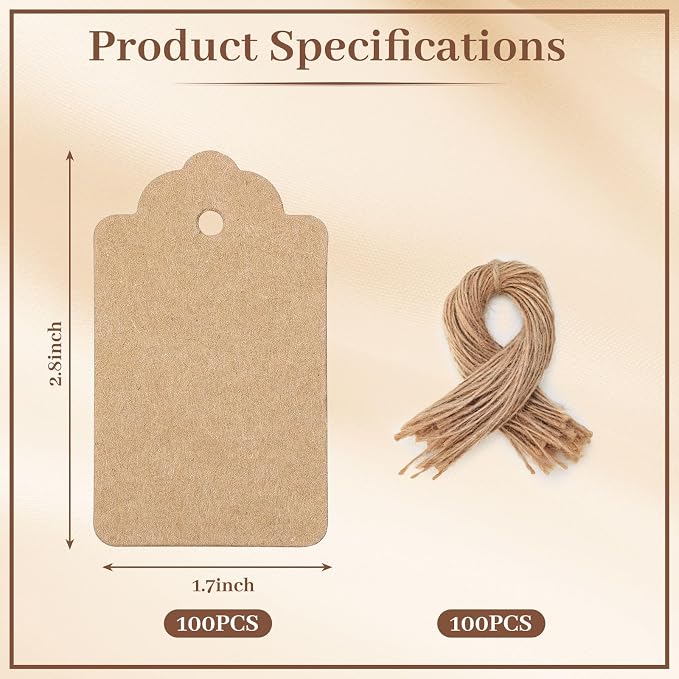 SALLYFASHION 100PCS Gift Tags with String Attached, Kraft Paper Hang Tags | 1.7 X 2.8 inch, Hang Tags for Clothes DIY Crafts, Wedding Holiday ,Brown