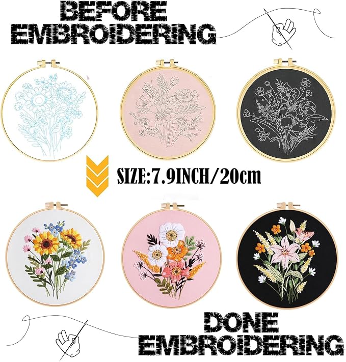 GLTAYLMY Embroidery Kit for Beginners Adults,3 Pack Cross Stitch Kits with 1 Plastic Embroidery Hoops,Needles and Color Threads,Needlepoint Kit for Hand Embroidery Starter