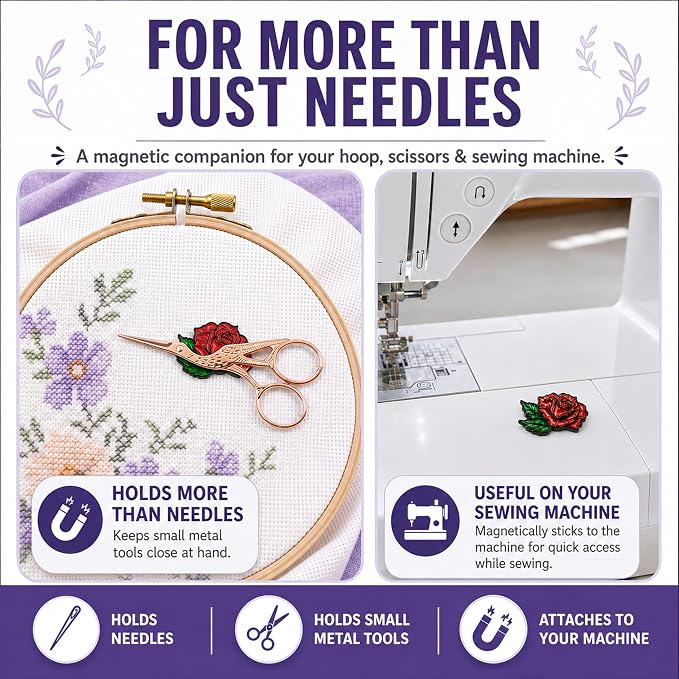 The Quilted Bear Magnetic Needle Minder, Rose | Enamel Needle Keeper for Embroidery & Cross Stitch, Secure Holder for Sewing Needles & Pins, Strong Magnet, Sewing Accessory