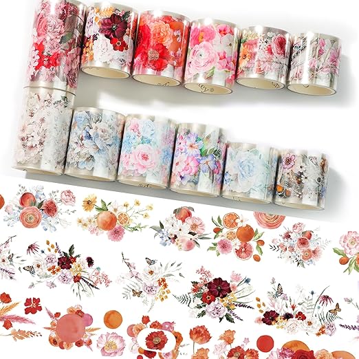 12-Roll Floral PET Washi Tape Set & PET Stickers – Easy to Use for Journaling & Card Making, Ideal for Scrapbooking & Junk Journaling