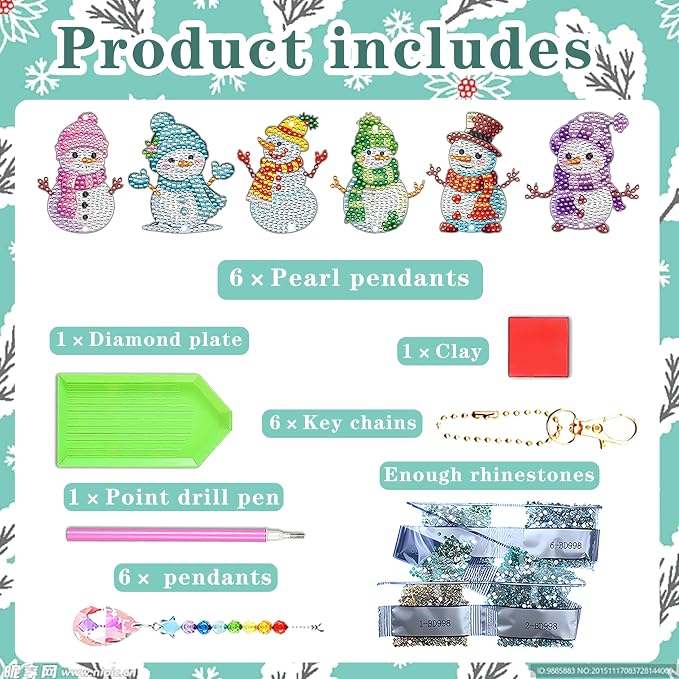 JeCuiK 6 Pcs Diamond Art Christmas Ornaments Snowman Diamond Painting Keychain Kits Double Sided Diamond Art Kits for Adults Xmas Decoration Diamond Painting Wind Chimes DIY