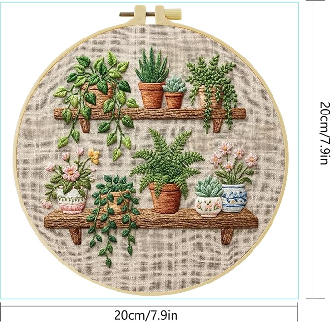 Full Range Embroidery Kit for Adult, Green Plant Pattern Embroidery Kit for Beginners Include Embroidery Cloth Hoops Threads for Craft Lover Hand Stitch with Embroidery Skill Techniques (Book Flowers)