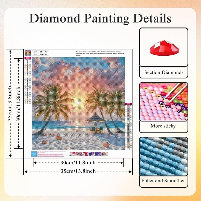 5D Beach Sunset Diamond Art kits for Adults Beginners 13.8x13.8inch | Coastal Ocean Palm Trees Diamond Painting Kit, DIY Full Round Drill Paint by Diamonds Dot Gem Art for Adult, Home Wall Decor
