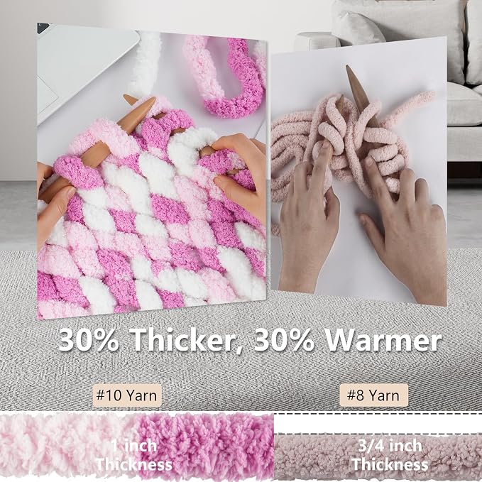 Cozyful Chunky Yarn for Hand Knitting - #10 Chunky Chenille Blanket Yarn, Jumbo Big Thick Chunky Yarns for Crocheting, Tie Dye Bulky Knit Yarns, 8 Skein (20 yds 8 oz Each Skein), White & Pink & Rose