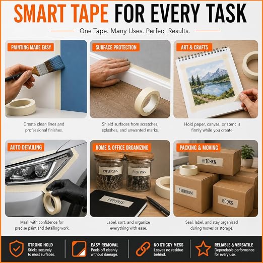 DEART Colored Masking Tape Painters Tape 12, 8 or 6 Pack - 1 or 0.6 Inches for DIY Crafts Arts Supplies, Whiteboard Tape Dry Erase Board Tape for Kids No Residue (4, 0.98 Inch Beige)