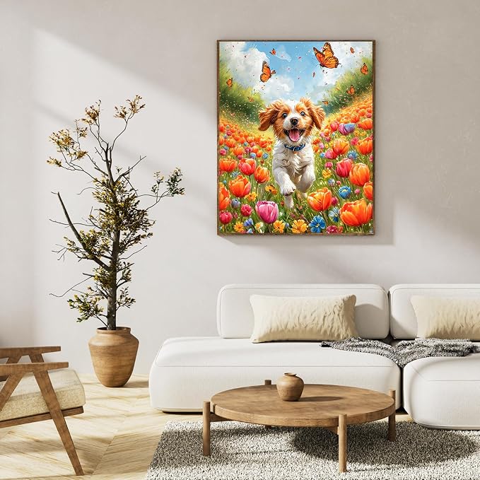 Paint by Numbers Kit for Adults, Happy Puppy & Tulip Design, 16x20 Inch