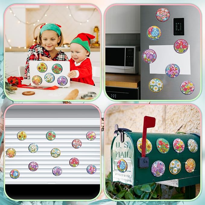 Zonon 12 Pcs Diamond Art Magnets for Refrigerator, Floral Diamond Painting | Pre-made Flower Designs for Fridge Decor, Colorful Floral Craft Kits for Adults, Strong Magnetic Stickers for Home