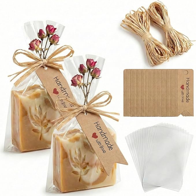 100 Pcs Clear Cellophane Bags 4.7x7" with Raffia Rope & Handmade with Love Tags for Packaging Soap Cookies Candy, Goodie Bag Wrappers for Wedding Christmas Craft Gift Birthday Party Baking Favor Supplies (Brown Tags)