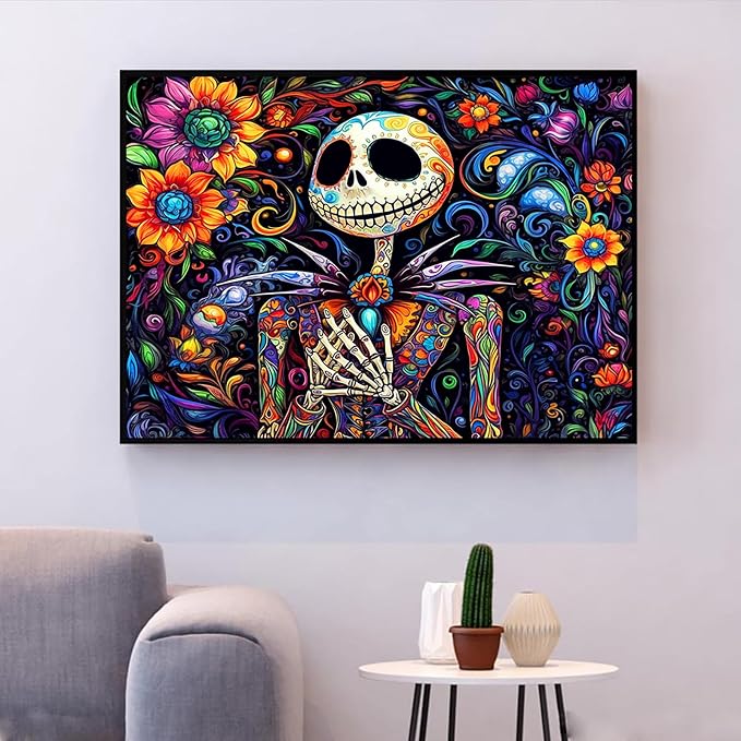 Square Drill Diamond Painting Halloween Diamond Art Square Drills 12x16in | 5D Nightmare Before Christmas Diamond Art Square Gems, DIY Skullhead Jack Square Diamond Painting Kits for Home Decor Gift