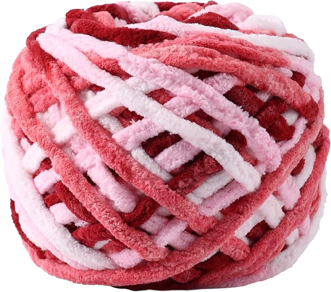 Plush Chenille Chunky Yarn for Crocheting 100g(54.6yd) - Bulky Thick Fluffy Yarn for Knitting- Soft Velvet for Baby, Blanket Knitting Blanket Yarns- Amigurumi Yarns (White + Pink + Red)