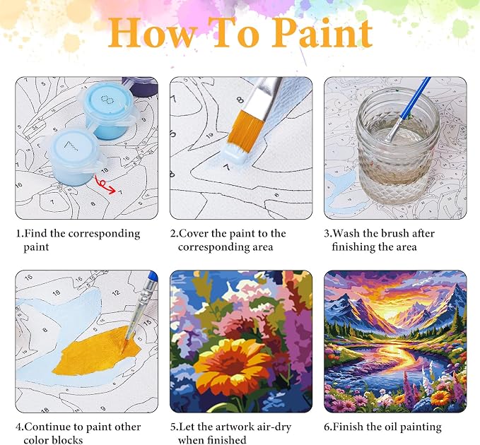 Paint by Numbers Kit for Adults, Mountain River & Wildflower, 16x16 Inch