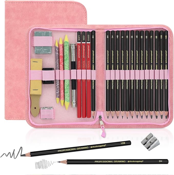 Heshengping, Sketching and Drawing Pencils Set 26pcs, Art Supplies Drawing pencil Kit,Graphite Charcoal Professional Pencils Set, Adults Beginners Artist