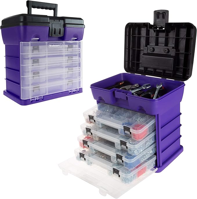Storage and Tool Box-Durable Organizer Utility Box-4 Drawers with 19 Compartments Each for Hardware, Fish Tackle, Beads, and More by Stalwart (Purple)