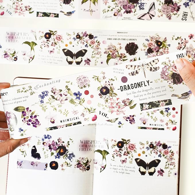 WT Pre-Cut Violet Veil Wide Washi Tape, Single Roll, Soft Lilac Florals & Misty Backgrounds with Script, Decorative Japanese Paper for Journaling, Scrapbooking, Planner, DIY Crafts, 65mm x 5m