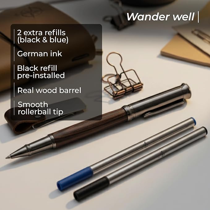 WANDERINGS Regular Size Travelers Notebook Bundle – 4.5" x 8.5" (11.5 x 22cm) – Genuine Leather Journal with Pen Holder, Pen, 2 Ink Refills, PVC Folder & Binder Clip
