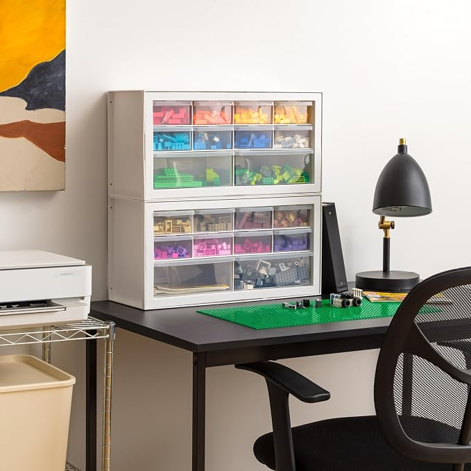 IRIS USA 10-Drawer Organizer, 2 Pack, Makeup Tool Craft Storage, White | Wall mountable, Stackable Teacher Toolbox, Beads, Building Bricks, Water Packets, Screws, Hardware