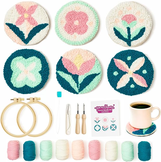 Panellomi Flower Punch Needle Kit for Beginners DIY Punchneedle Embroidery Starter Kit with Yarn, Fabric, Needle Punch Tool, Scissors, and Instructions for 6 Easy Craft Floral Design Coasters