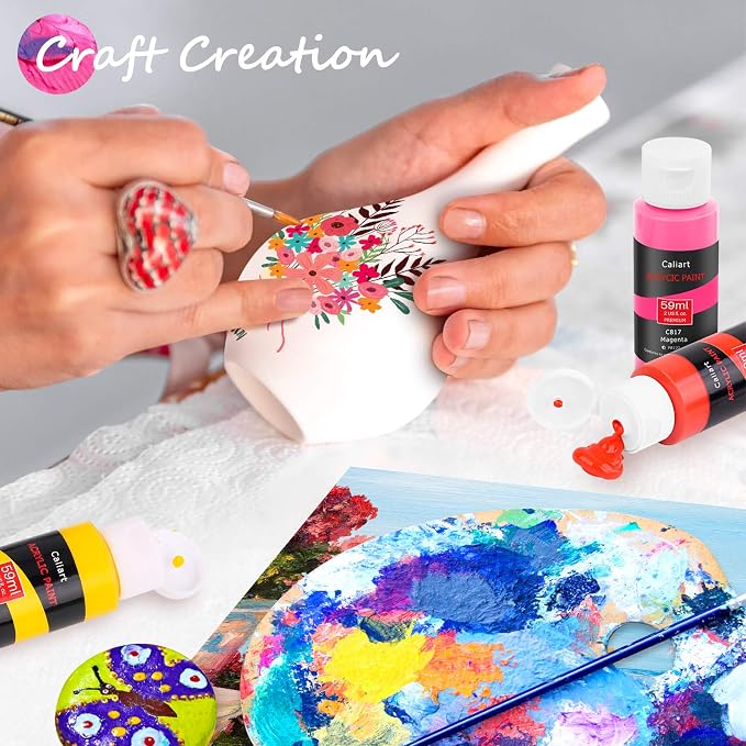 Caliart 72 Colors Acrylic Paint Set with 12 Brushes | Craft Painting kit for Adults Artists Beginners, Rich Pigment Non-toxic, Canvas Wood Rock Pumpkin Ceramic Art Supplies Paint