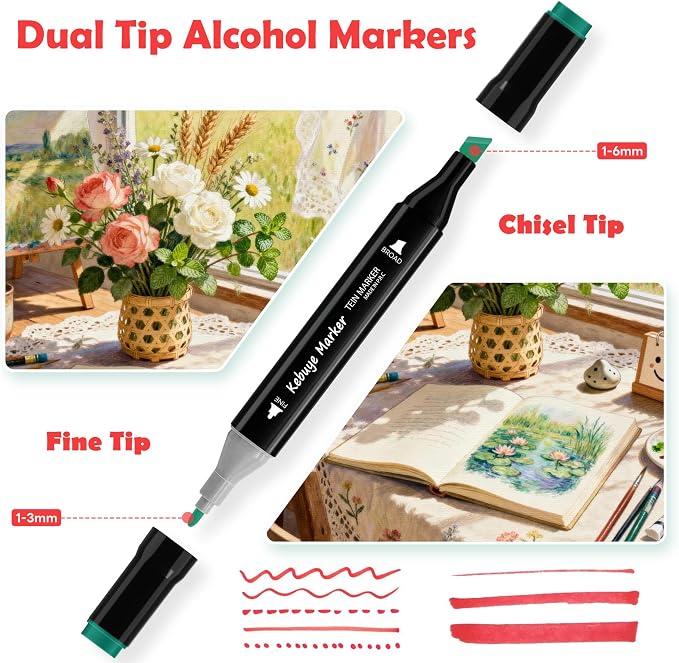 Alcohol Markers Set 24 Colors - Drawing Marker Dual Tips for Adult Coloring | Coloring Books No Bleeding Dual Tip Art Marker - Art Market Set for School Sketching Coloring Alcohol Based Markers with Base