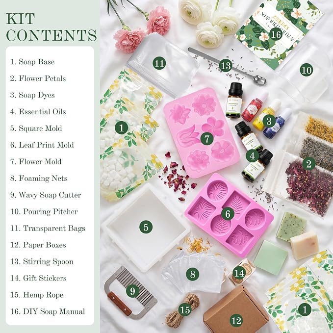 Soap Making Kit for Adults & Beginners Complete Soap Making Supplies | 3.3lb Glycerin Soap Base, 3 Dyes & Essential Oils, 3 Silicone Molds, Soap Cutter & Gift Packaging, Handmade Soap Crafts Kits