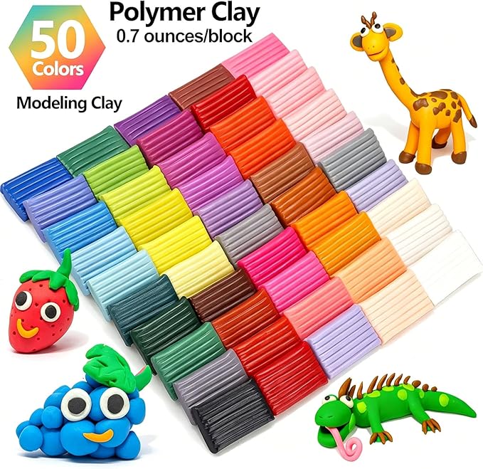 CiaraQ 50-Color Polymer Clay Oven Bake Modeling Kit | 14 sculpting tools, 2‑layer box, accessory pack, guide. Great for gifting, school, home, kids & artists.