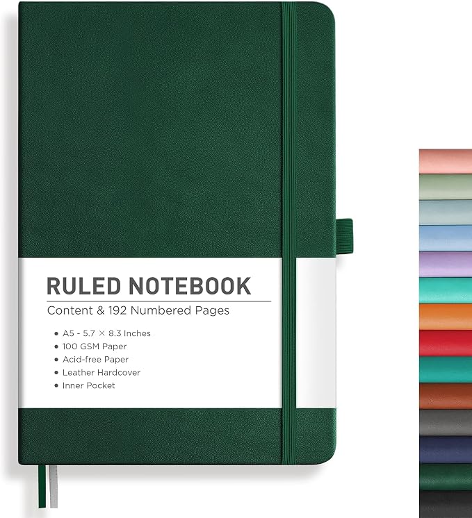 RETTACY Lined Journal Notebook, 192 Numbered Pages, A5 Size (5.7'' x 8.3'') | Leather Hardcover, 100 GSM Thick Paper, for Men & Women, Journaling, Writing, Work & Office (Dark green)