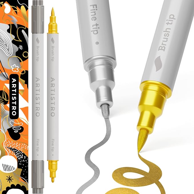 ARTISTRO Gold & Silver Dual-Tip Acrylic Paint Pens - Set of 2 | 1mm Fine & Brush Tips, Multisurface Markers, Perfect for Glass, Rock, Fabric, Wood, Plastic, & More