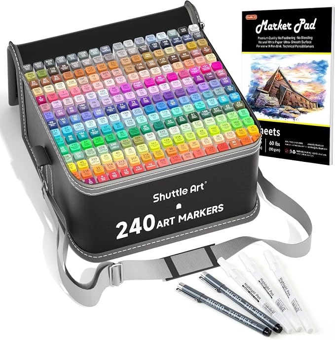 Shuttle Art 240 Colors Alcohol Markers, 239 Colors Dual Tip Art Marker Set Plus Colorless Blender, Micro-tip Pens, White Highlighter Pens, Marker Bag with Holders Perfect for Students Adults Coloring
