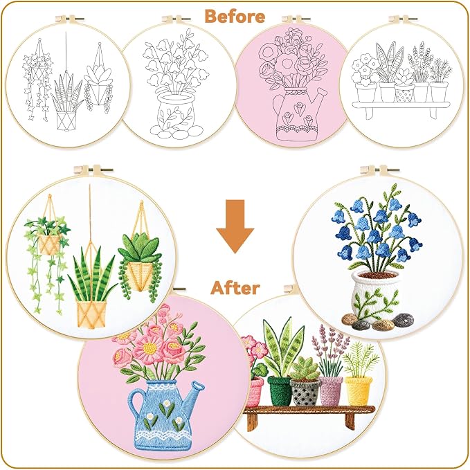 BEUNITONE 4 Set Embroidery Kit for Beginners, Vase Plants Cross Stitch Kits, Needlepoint Kits for Adults with Instructions and Full Kit, Creative Hand Embroidery Patterns for Cloth and Home Decor