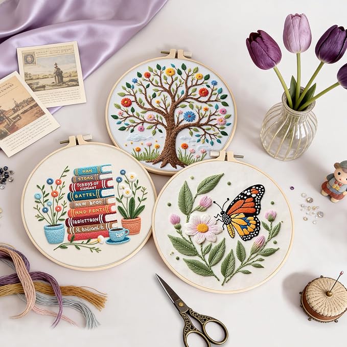 Uniartfy 3 Set Embroidery Kit for Beginners, Butterfly Tree Book Patterns